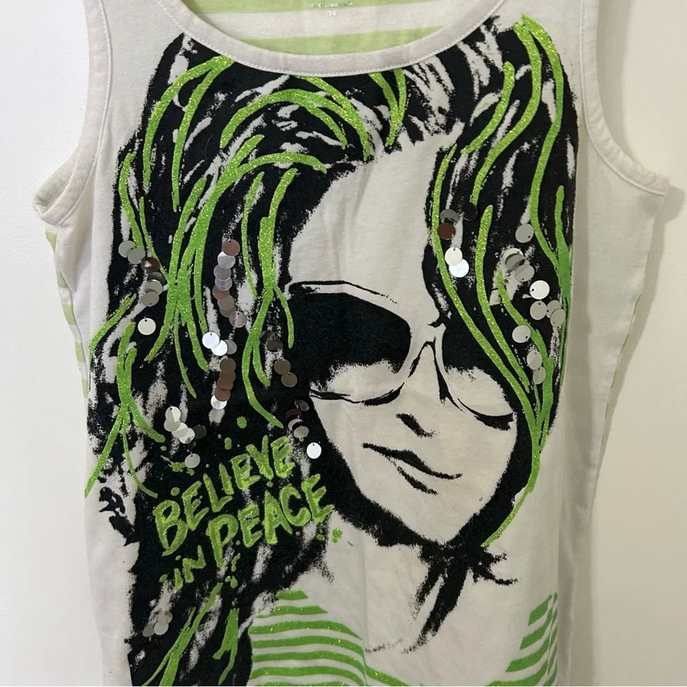 Justice Girls White Green 'Believe in Peace' Sequins Striped Tank Top Size 16 - Picture 2 of 4